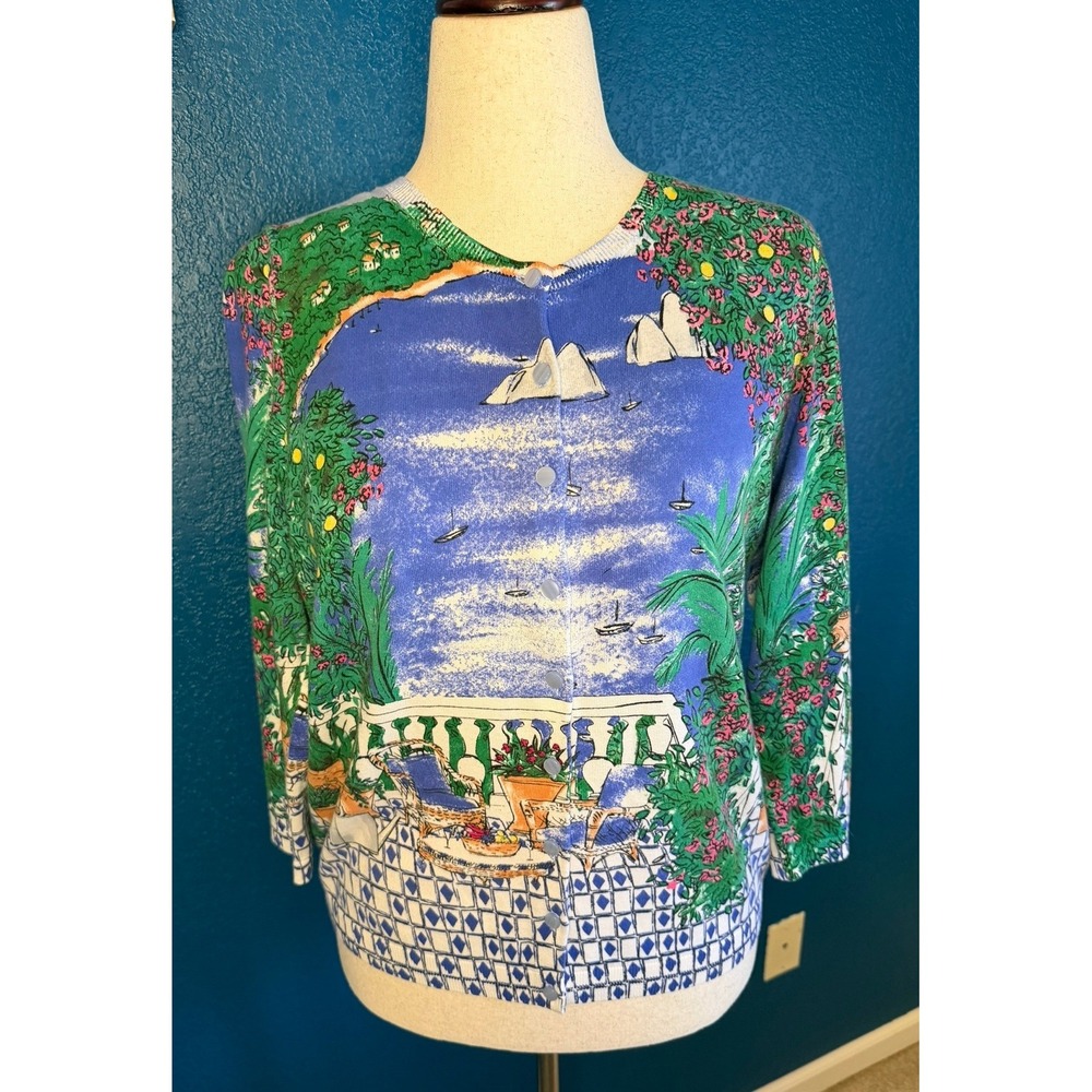 Talbots Womens Scenic Coastal Terrace Cardigan Blue Green 3/4 Sleeve Sweater L